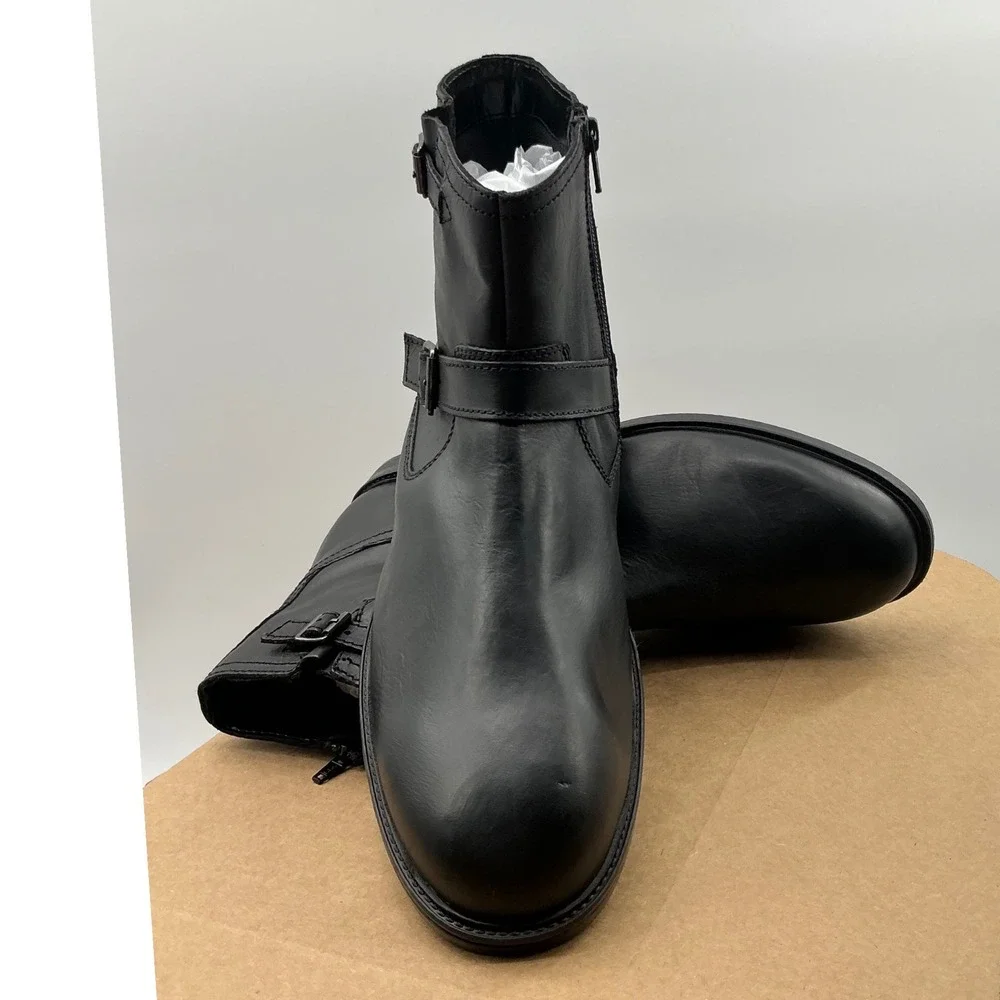 Steve Madden Mens Black Leather Harness Ankle Boots Side Zip Buckle Detail